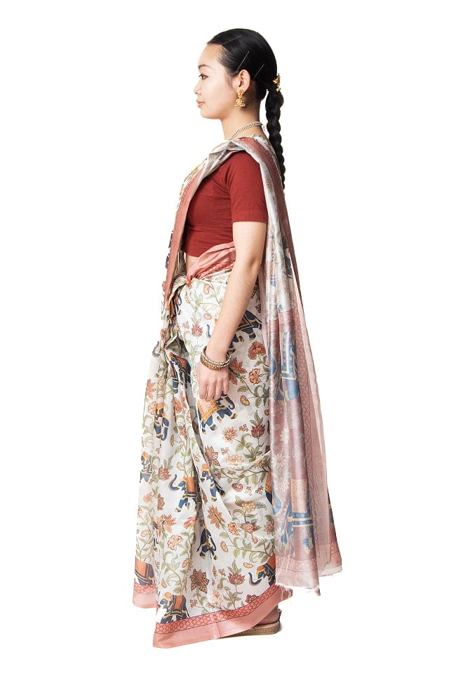 ムガル風 レトロ調 アニマル×ボタニカルプリントサリー 3 - 真横から見てみました。