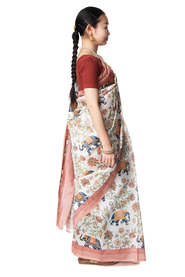 ムガル風 レトロ調 アニマル×ボタニカルプリントサリー 5 - 真横から見てみました。