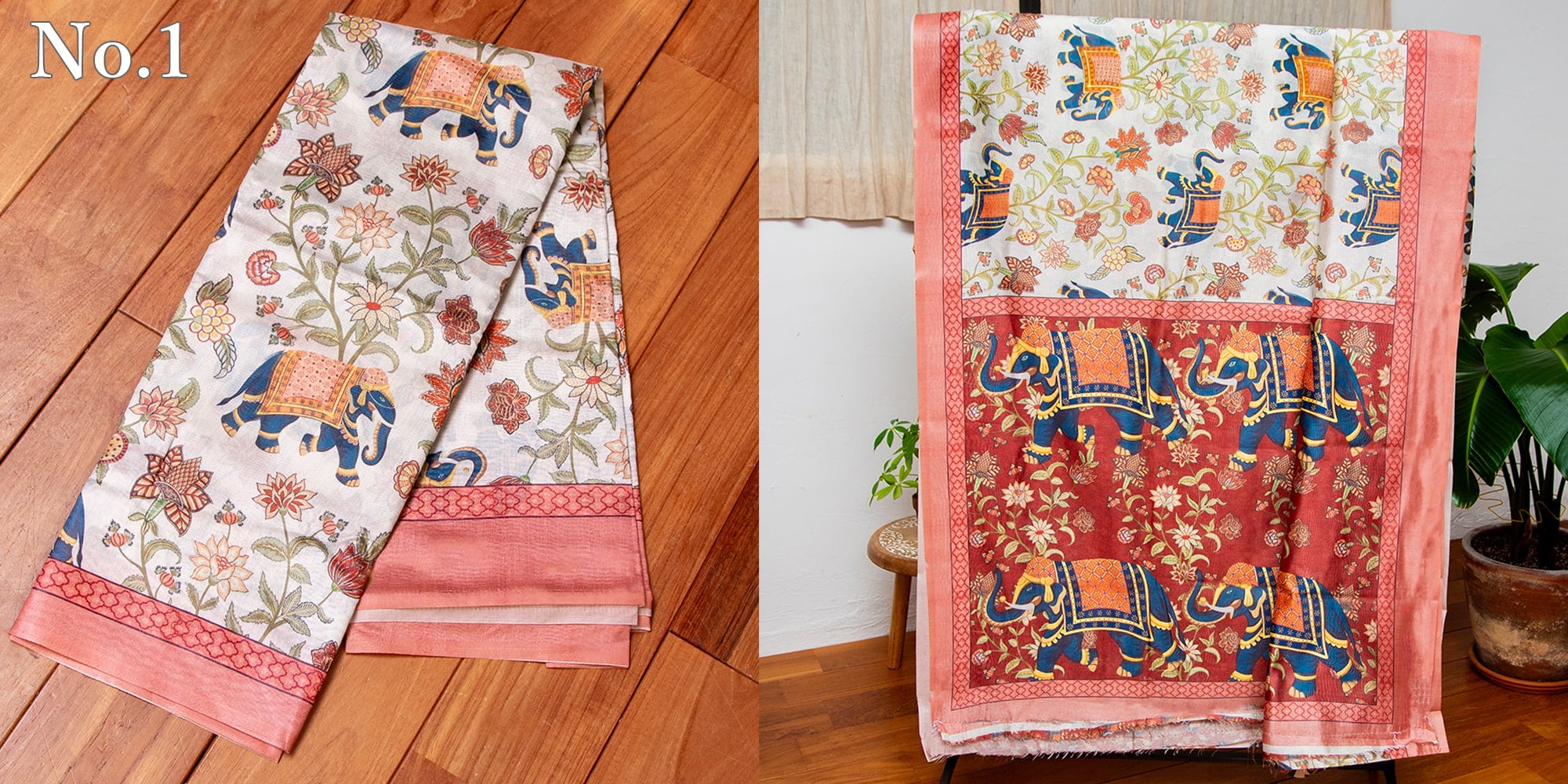 ムガル風 レトロ調　アニマル×ボタニカルプリントサリー1枚目の下部説明写真です