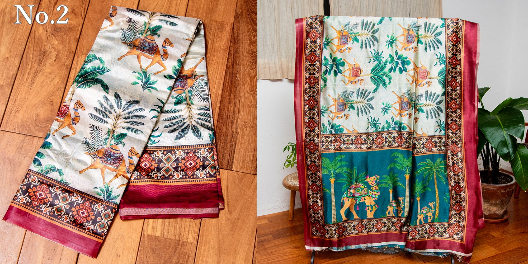 ムガル風 レトロ調　アニマル×ボタニカルプリントサリー2枚目の下部説明写真です