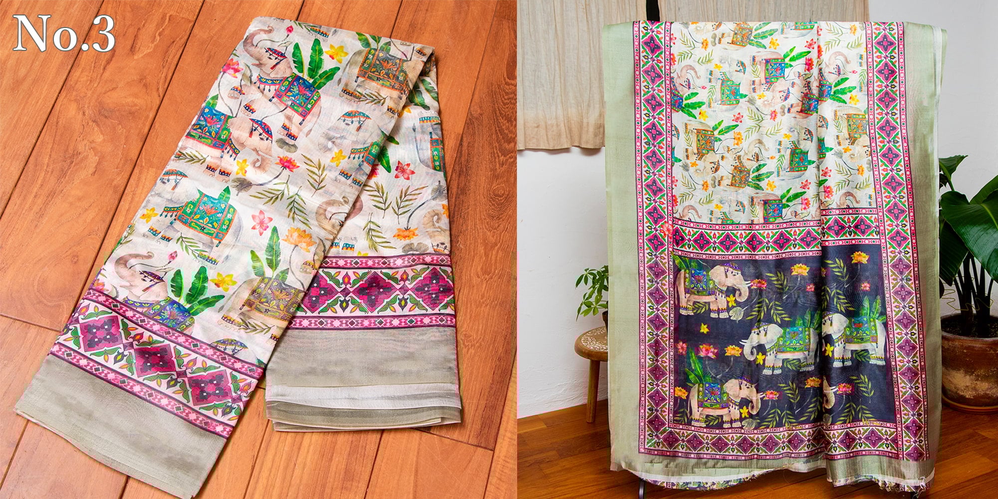 ムガル風 レトロ調　アニマル×ボタニカルプリントサリー3枚目の下部説明写真です
