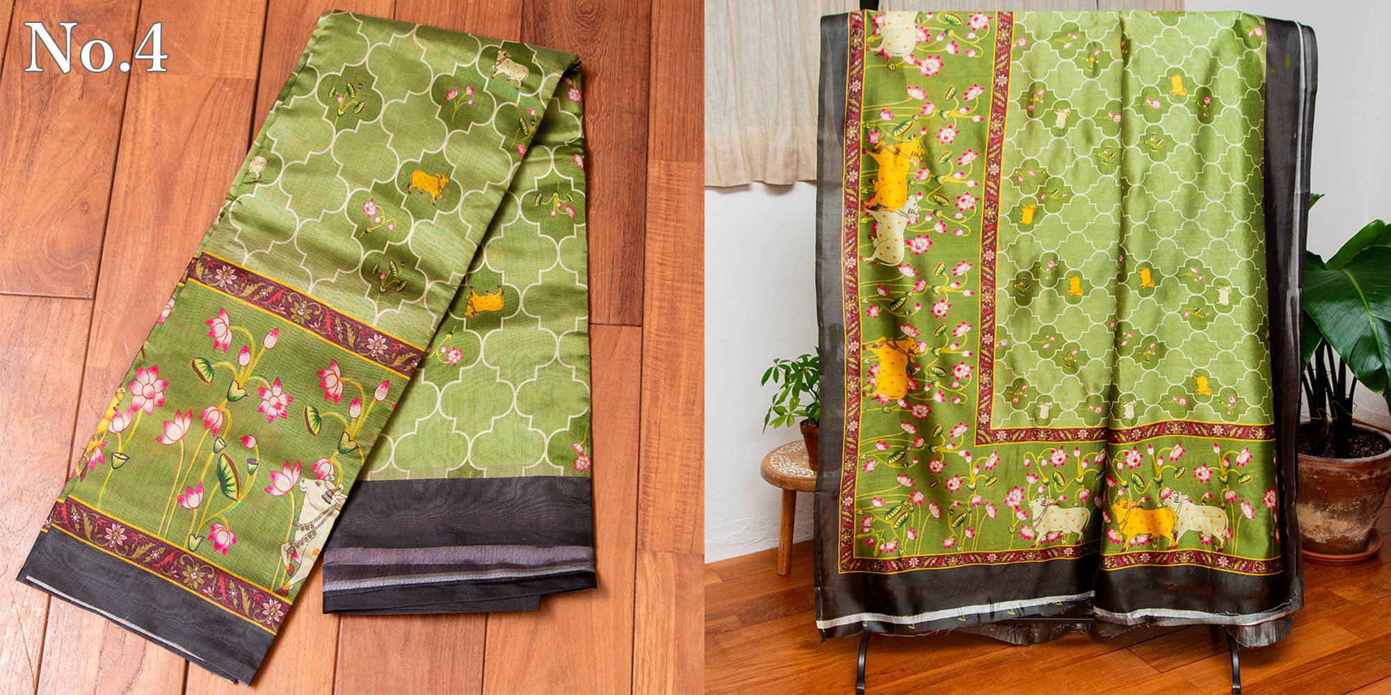 ムガル風 レトロ調　アニマル×ボタニカルプリントサリー4枚目の下部説明写真です