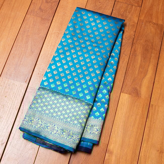 マハラニ風　ゴールデンボーダーのゴージャスサリー 13 - 選択1：水色×ネイビー