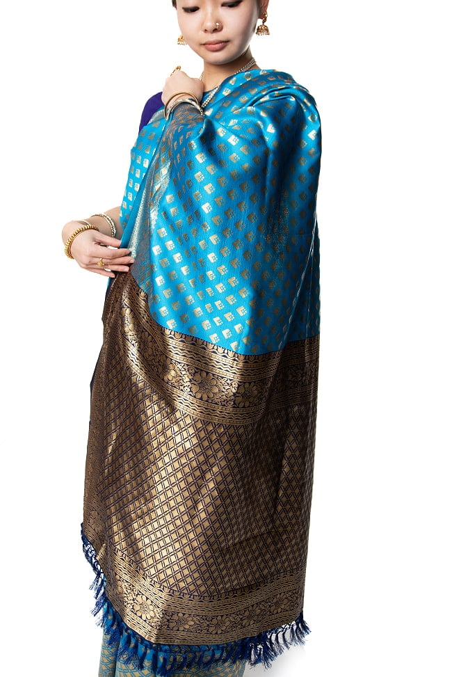 マハラニ風　ゴールデンボーダーのゴージャスサリー 7 - 体に巻きつけている様子です。