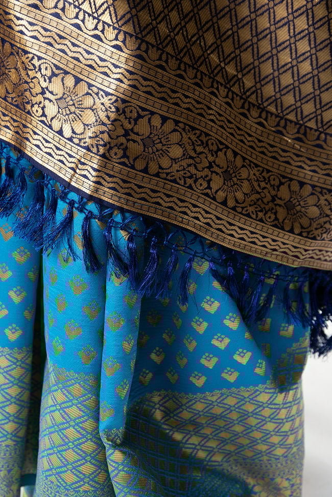 マハラニ風　ゴールデンボーダーのゴージャスサリー 8 - 肩から垂れる先はフリンジ仕上げになっています。