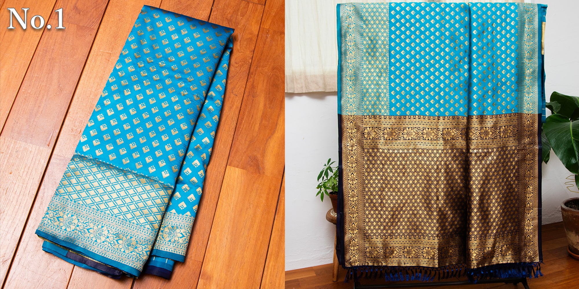 マハラニ風　ゴールデンボーダーのゴージャスサリー1枚目の下部説明写真です