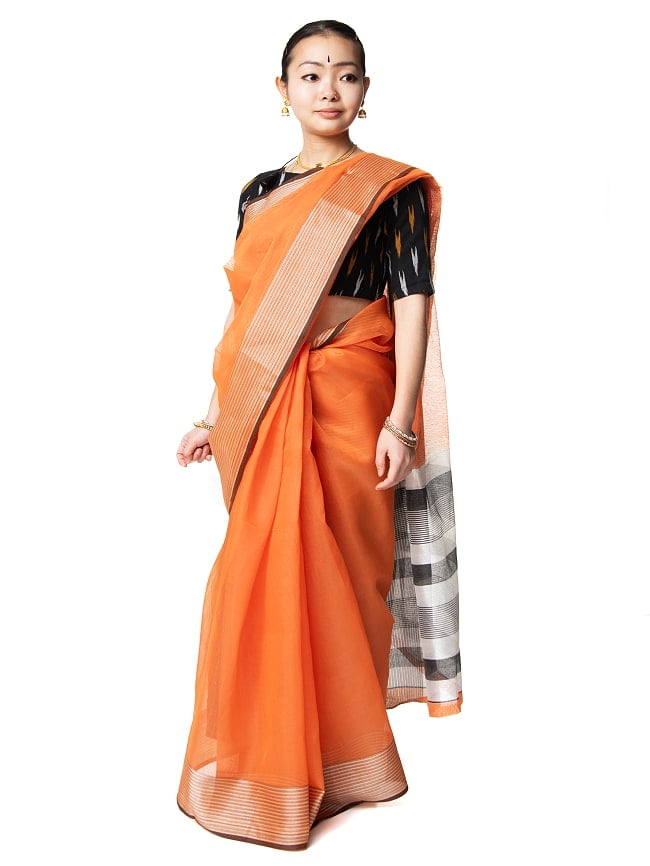 ワイドボーダーの　クラシカル　コットンサリーの写真サリー,民族衣装,デコレーション布,インド 布,更紗,生地,ファブリック,ナチュラル,インドサリー,saree,コットン,インド綿,コットンサリー