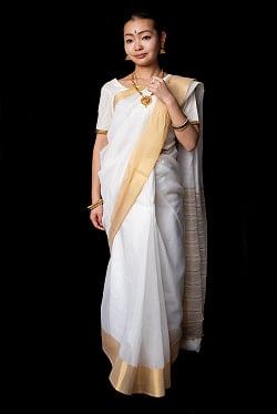 ケララの白いサリー　ケララカサヴ　クラシカル　シンプル - サブ2