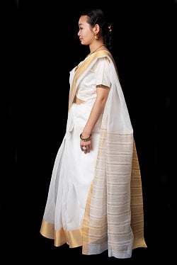 ケララの白いサリー　ケララカサヴ　クラシカル　シンプル - サブ3