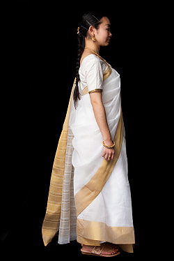 ケララの白いサリー　ケララカサヴ　クラシカル　シンプル - サブ5