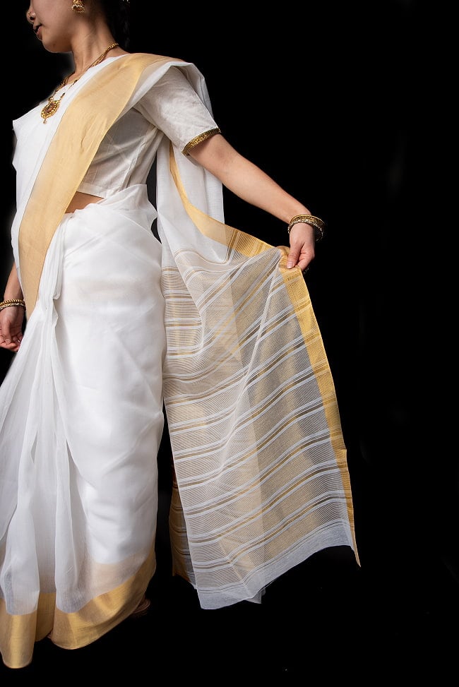 ケララの白いサリー　ケララカサヴ　クラシカル　シンプル 9 - 選択1：サーモン