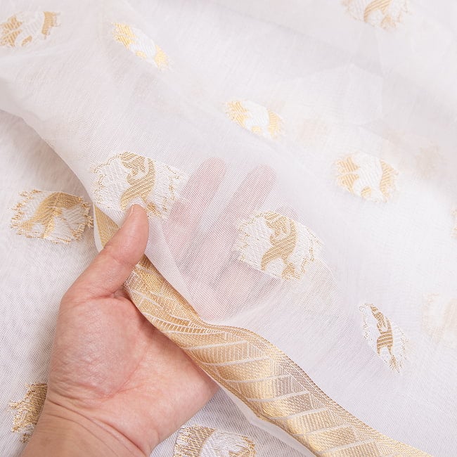 ケララの白いサリー　ゴージャス　ゴールデン　刺繍入り　ケララカサヴ 11 - 生地の透け感はこんな感じです