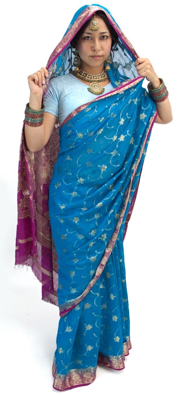 民族衣装サリー【金糸エスノ刺繍入り】 - オレンジと紫 の通販