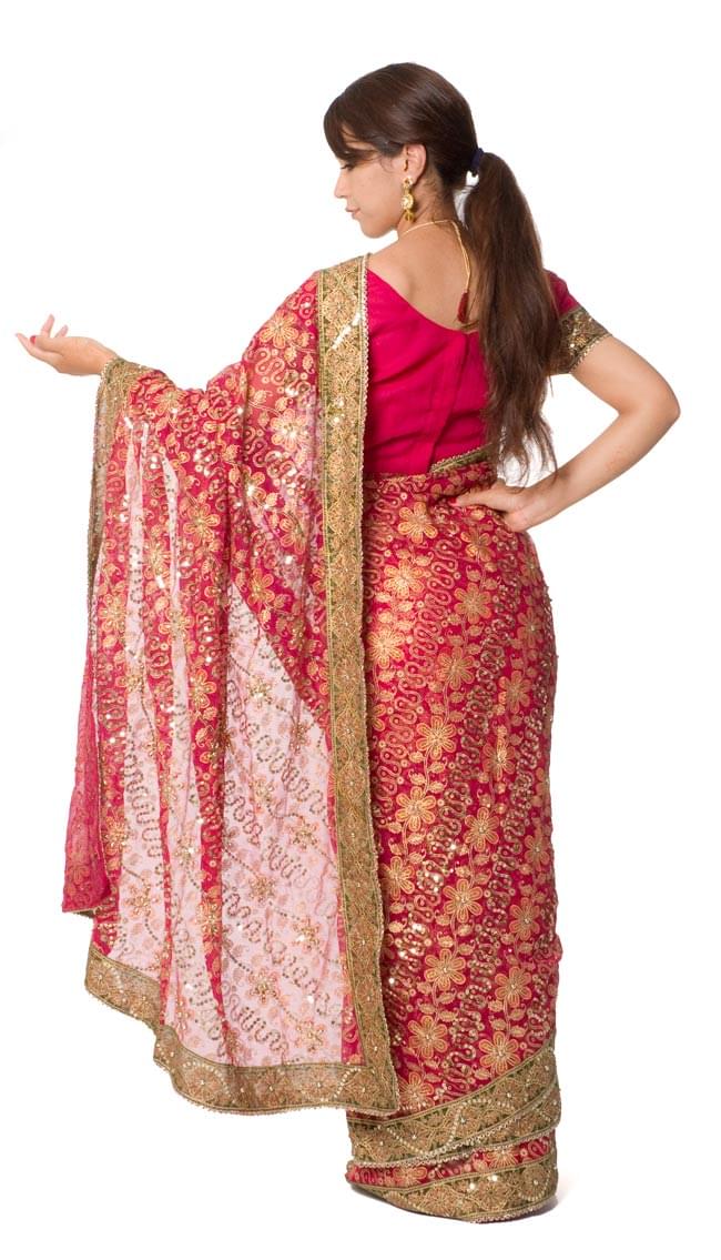 インド品質]婚礼用ゴージャスサリー3点セット【濃ピンク】 の通販[送料  