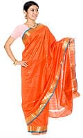 ベナレスのインドサリー【ライン・光沢】 オレンジの商品写真
