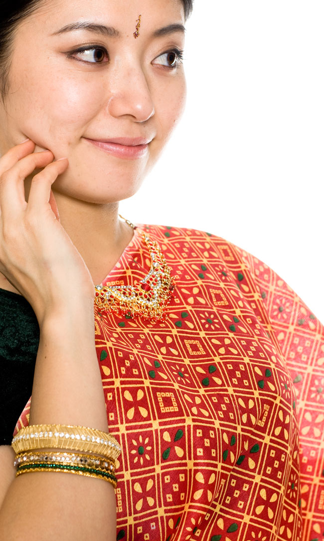 インドサリー【伝統柄】 赤オレンジ 4 - 胸元をアップにしてみました。