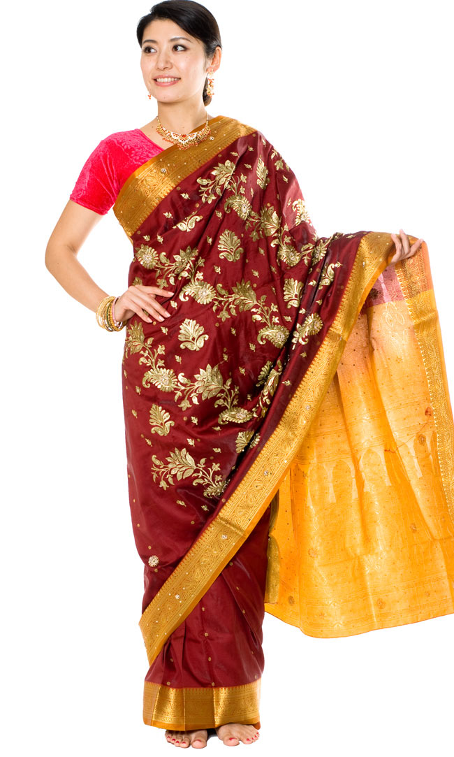 ベナレスのインドサリー【金糸刺繍ゴージャス】 えんじの写真