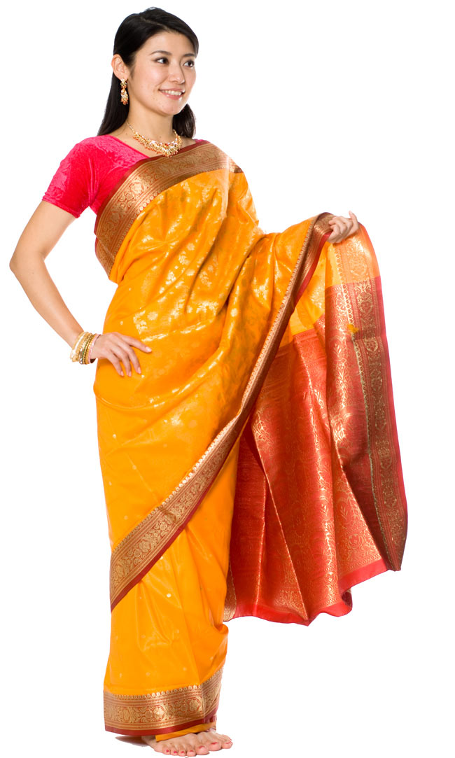 ベナレスのインドサリー【金糸光沢】 黄色の写真