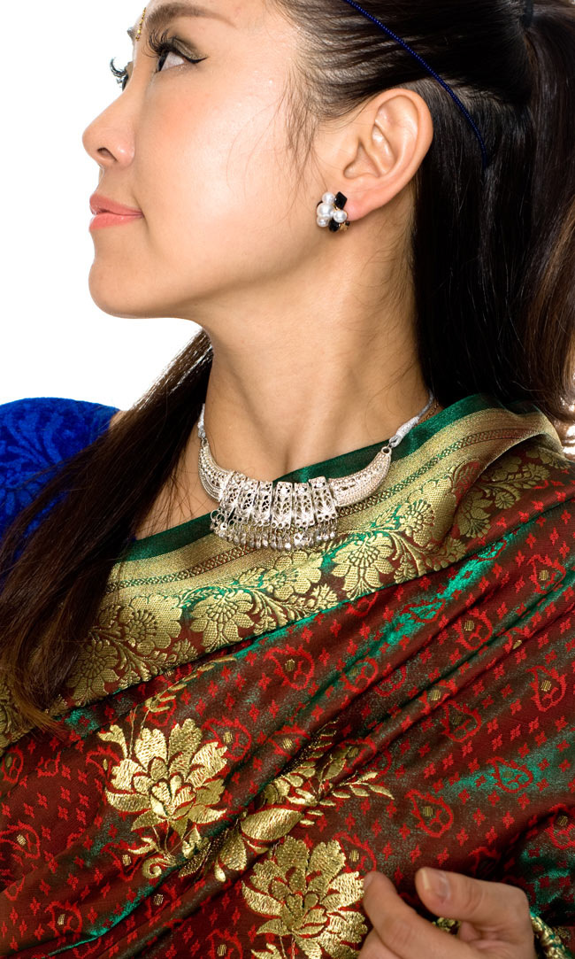 ベナレスのインドサリー【金糸刺繍】 赤×緑 4 - 胸元をアップにしてみました。