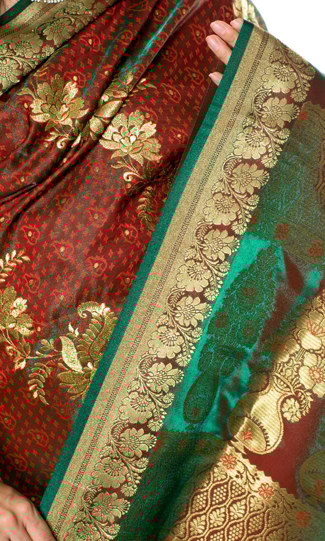 ベナレスのインドサリー【金糸刺繍】 赤×緑 5 - インドらしいデザインがとても美しいです。