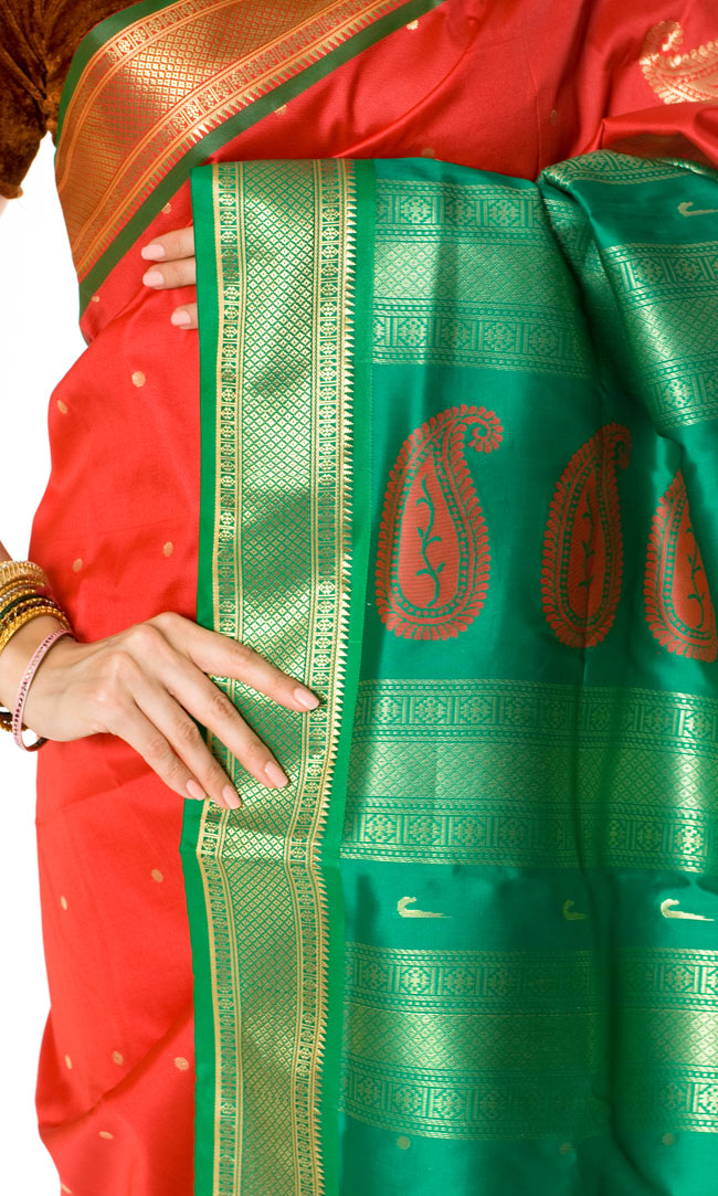 ベナレスのインドサリー【ライン・光沢】 赤×緑 5 - インドらしいデザインがとても美しいです。
