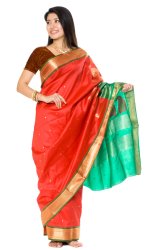 ベナレスのインドサリー【ライン・光沢】 赤×緑の商品写真