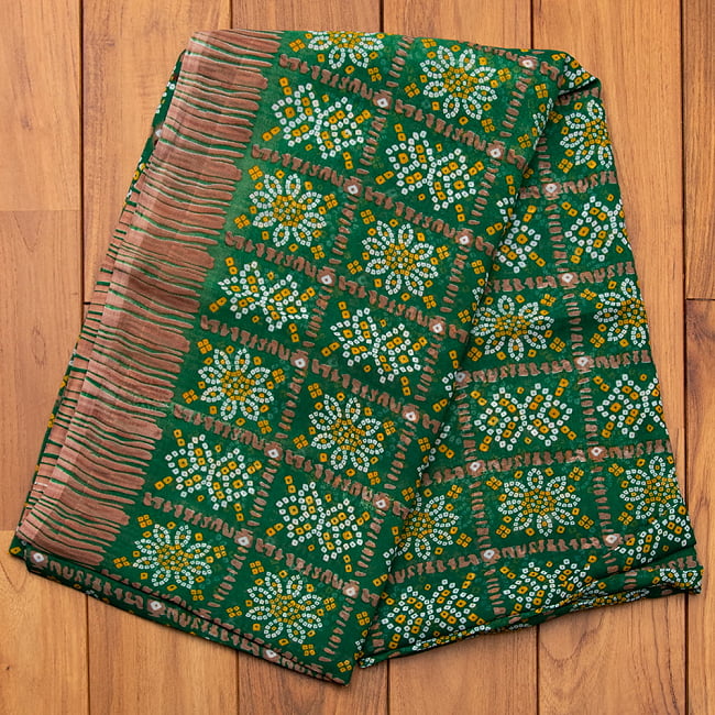 【選べる3着セット】【8色展開】インド伝統模様バンディニプリントのインドサリー 15 - G：グリーン