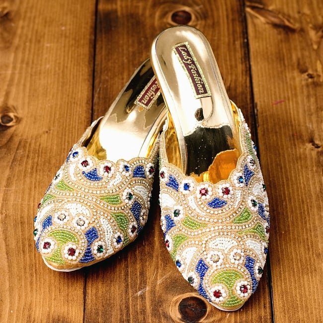 ビジューとラインストーンのマハラニミュールの写真ミュール,美脚,長足,チャッパル,サンダル,靴,インド サンダル,夏,サンダル レディース,ヘップサンダル