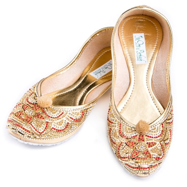 ゴージャス　ラインストーンのマハラニフラットシューズの写真1枚目です。インドらしい装飾と色彩が素敵なフラットシューズです。フラットシューズ,パンプス,靴,ペッタンコ靴,インド 靴,サリー,クルティ,チュリダール,パンジャビドレス