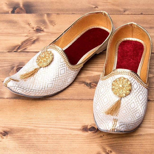 男性用宮廷靴 - モジャリホワイトの写真仮装,コスチューム,フラットシューズ,靴,ペッタンコ靴,インド 靴,Khussa,mojari