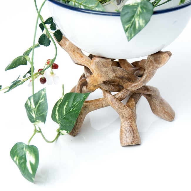 一本の木を彫って作ったマンゴーウッドボウルスタンド3本足タイプ【直径12cm】 9 - 植物を飾る際の力強いパートナーです。（写真は類似商品です。）