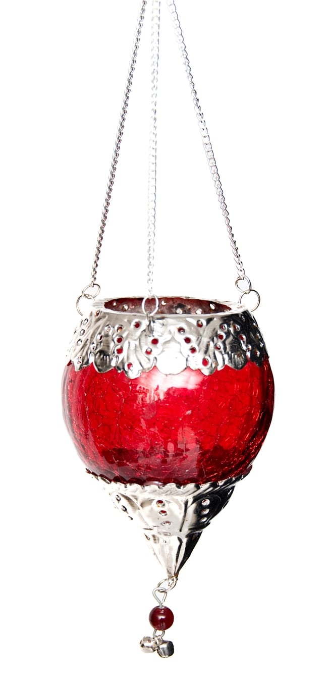 【インド品質・ワケアリ】逆ドーム型ハンギングキャンドルスタンド レッド (小)の写真