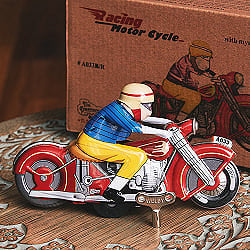 ゼンマイ式　アクセルターンを決めるクラシックバイクレーサー　インドのレトロなブリキのおもちゃの商品写真