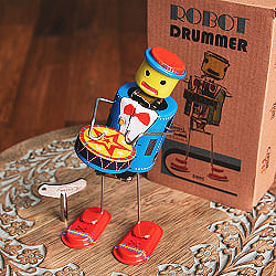 ゼンマイ式　ドラムを奏でるロボットドラマー　インドのレトロなブリキのおもちゃの商品写真