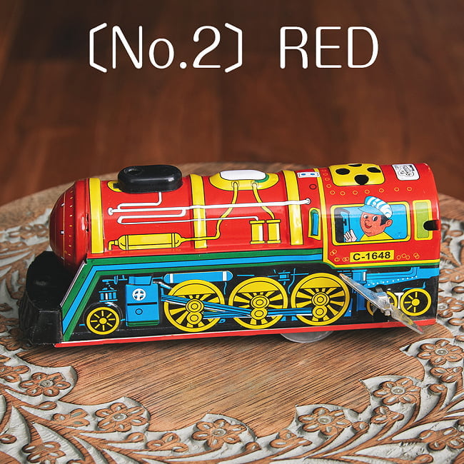 ゼンマイ式　汽笛が鳴る！大陸横断機関車　インドのレトロなブリキのおもちゃ 10 - 〔No.2〕レッド系