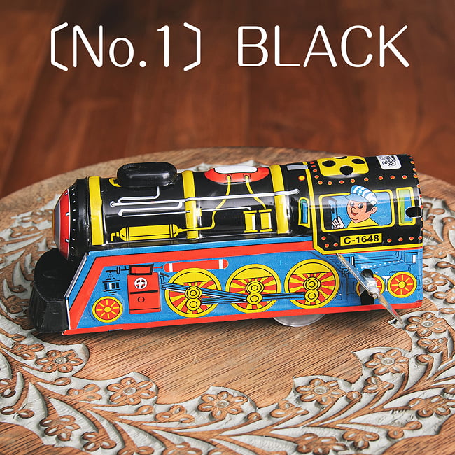 ゼンマイ式　汽笛が鳴る！大陸横断機関車　インドのレトロなブリキのおもちゃ 9 - 〔No.1〕ブラック系