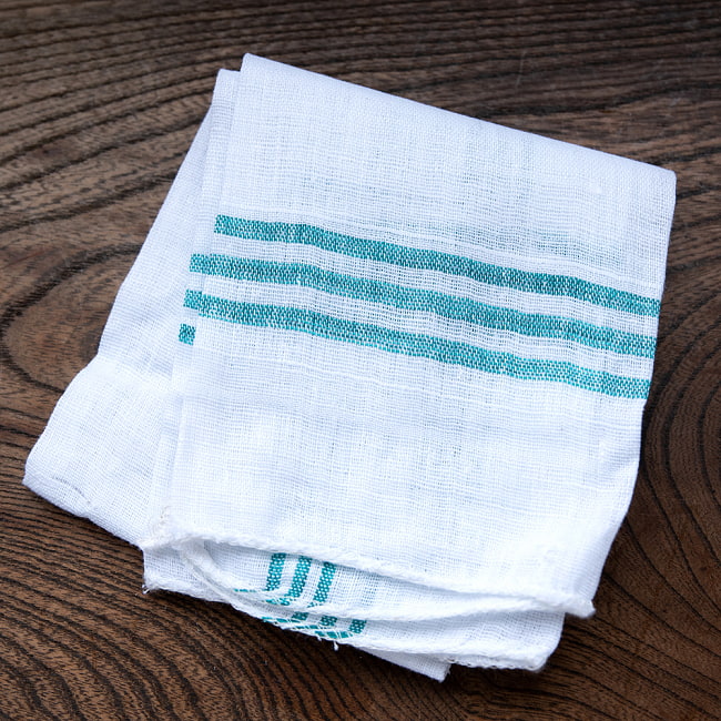 インドの手紡ぎ布　カディコットンのハンカチ 13 - 5：グリーン×ホワイト