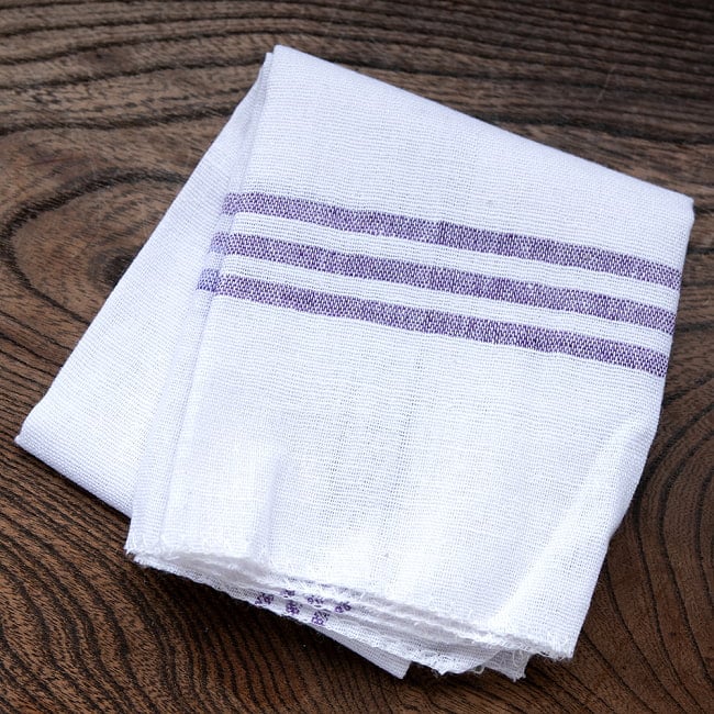 インドの手紡ぎ布　カディコットンのハンカチ 14 - 6：パープル×ホワイト