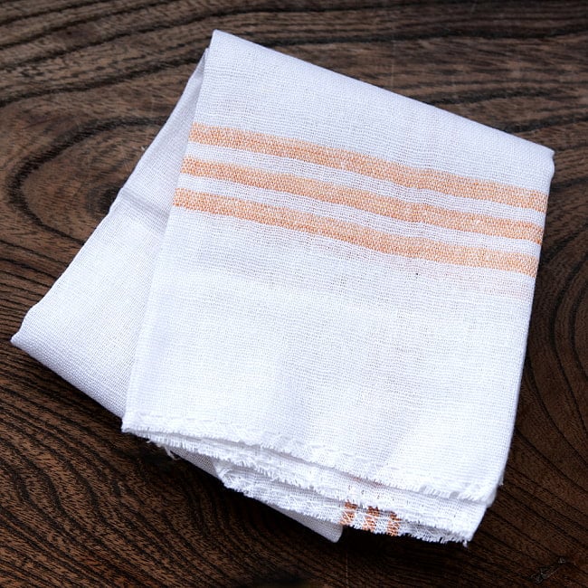 インドの手紡ぎ布　カディコットンのハンカチ 16 - 8：オレンジ×ホワイト