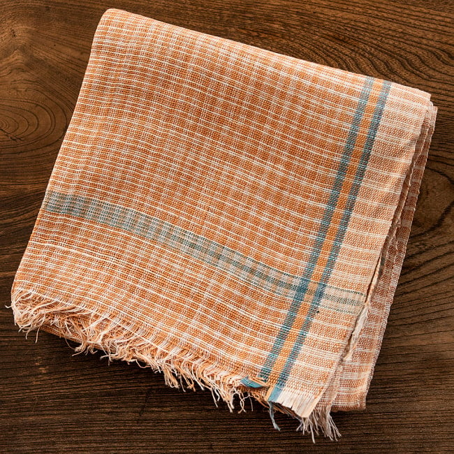 【約78cm×約160cm】インドの手紡ぎ布　カディコットンのガムチャ 15 - 9：BRN-CHECK（ブラウンチェック）