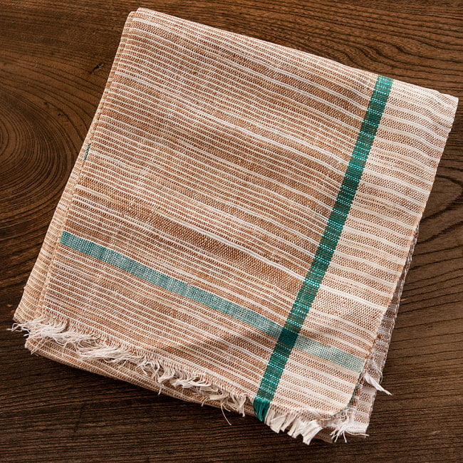 【約78cm×約160cm】インドの手紡ぎ布　カディコットンのガムチャ 18 - 12：BRN*GRN（ブラウン×グリーン）