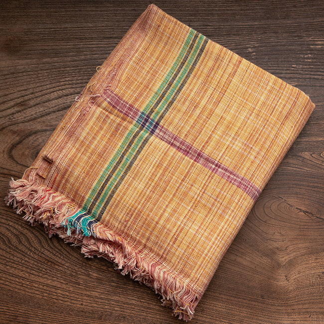 【約78cm×約160cm】インドの手紡ぎ布　カディコットンのガムチャ 11 - 4：イエロー