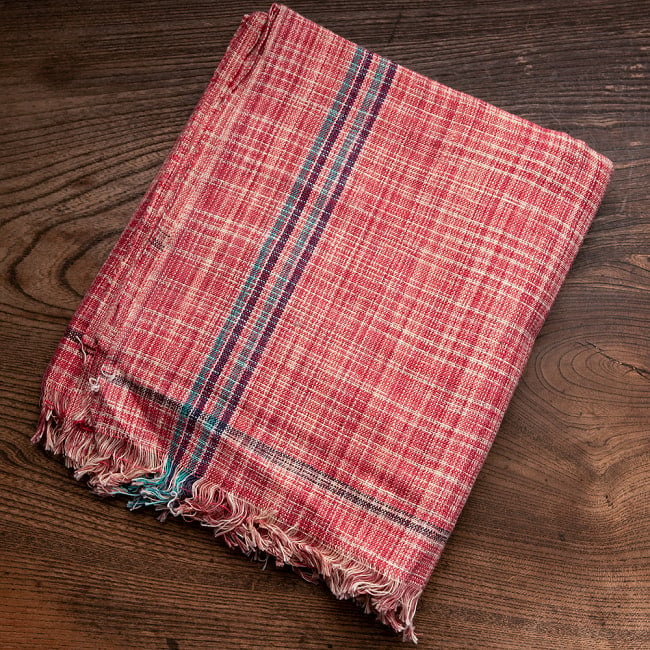 【約78cm×約160cm】インドの手紡ぎ布　カディコットンのガムチャ 8 - 1：レッド