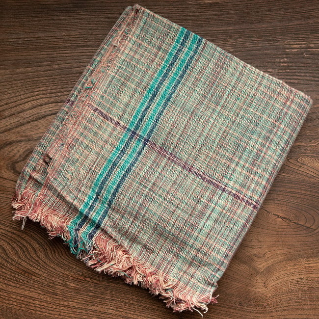 【約78cm×約160cm】インドの手紡ぎ布　カディコットンのガムチャ 9 - 2：グリーン