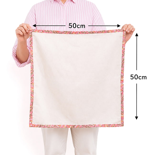 【自由に選べる3個セット】〔約50cmx約50cm〕ナチュラルな生成りを囲む 色鮮やかな更紗木版染めフレームクロス ハンカチ ランチョンマットやお弁当包みなどへ 10 - 約50cm×約50cmのサイズです