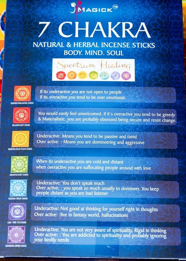 7チャクラ香セットボックス 心と身体に安らぎを - 7 CHAKRA Natural & Herbal Incence Sticks 3 - それぞれのチャクラが一覧になっています
