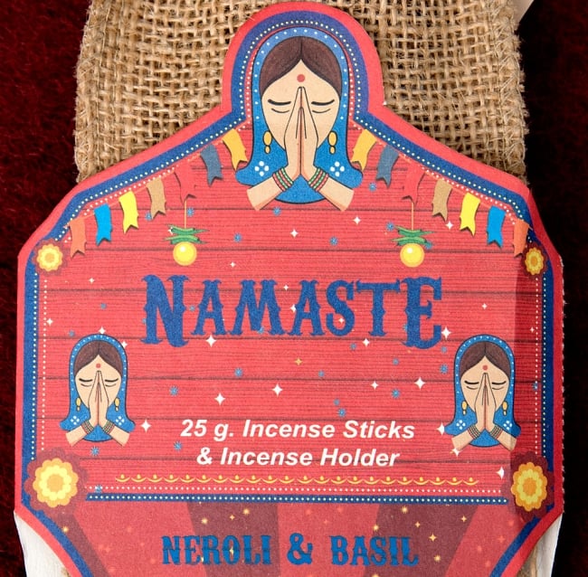 Great Indian Incense - NAMASTE - ネロリ＆バジル 2 - ラベルの部分のアップです。ナマステの女性がインドらしいですね