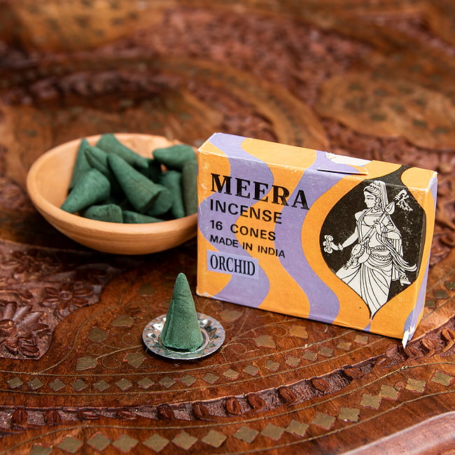 Meera コーン香 Orchid （蘭）の香りの写真1枚目です。味わい深いパッケージのお香です。Meera,Mirabai,インセンス,お香,香,コーン香
