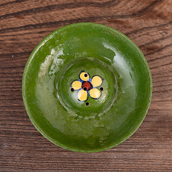 ジャイプール陶器のお香立て 丸型 - みどりに黄水色花 - サブ4