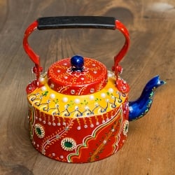 インドのデコレーションやかん - 赤×黄グリーンストーン - サブ2